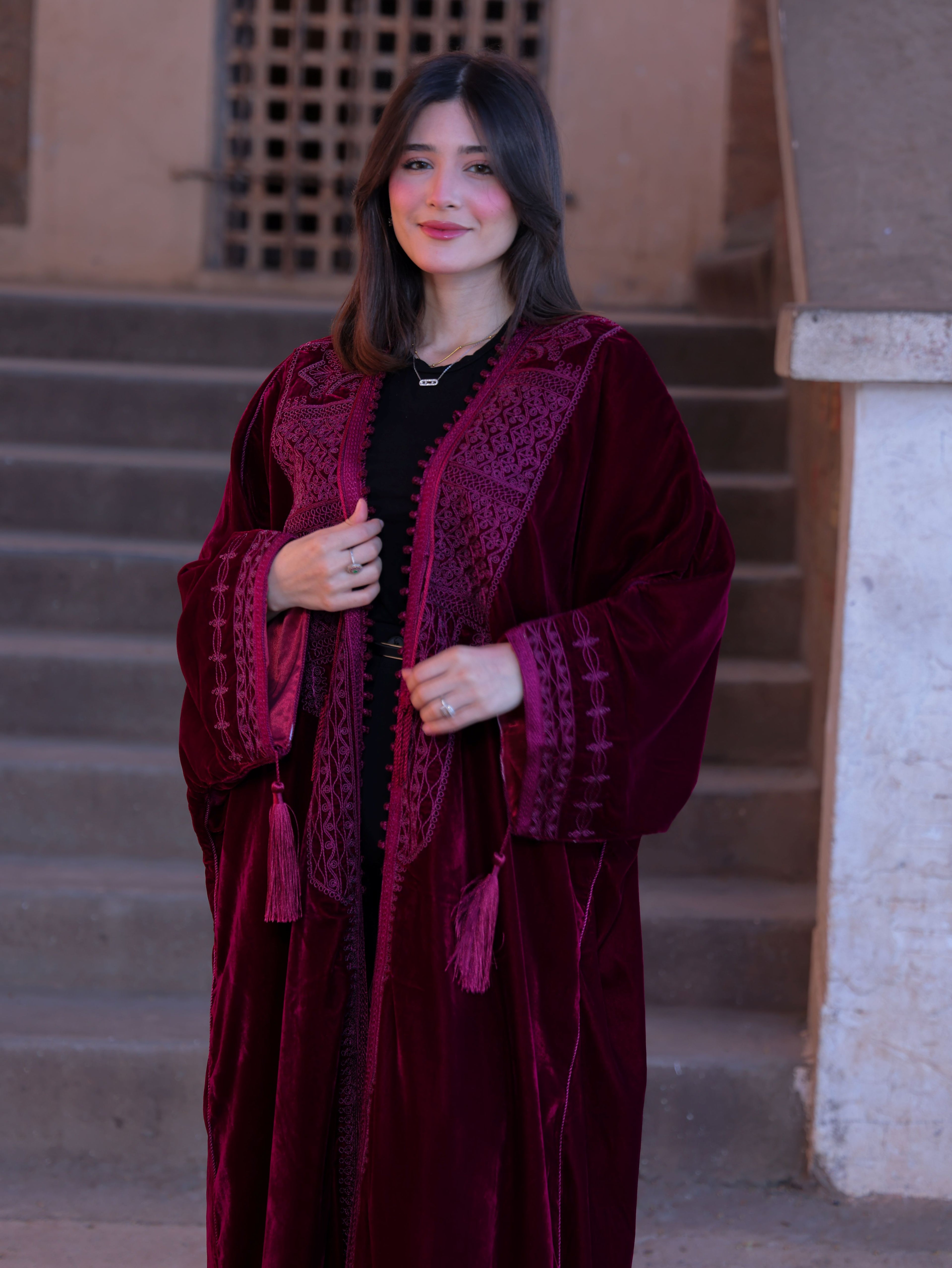 CAFTON GRENAT ABAYA "VELVET " EN KATIFA HIND ET GRO-fil HRIR