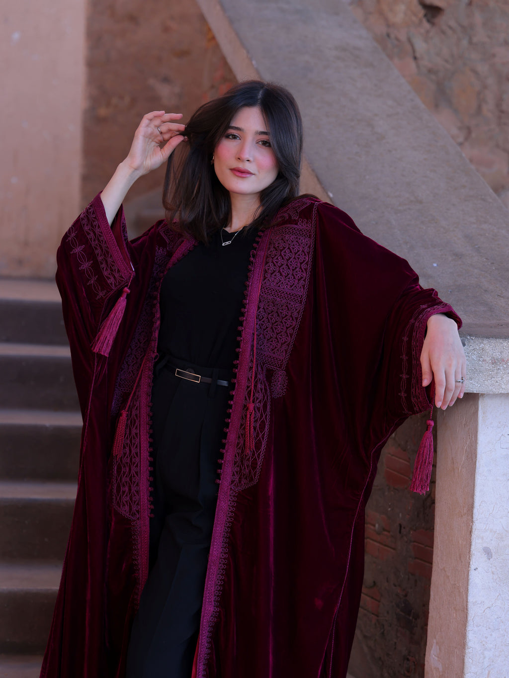 CAFTON GRENAT ABAYA "VELVET " EN KATIFA HIND ET GRO-fil HRIR