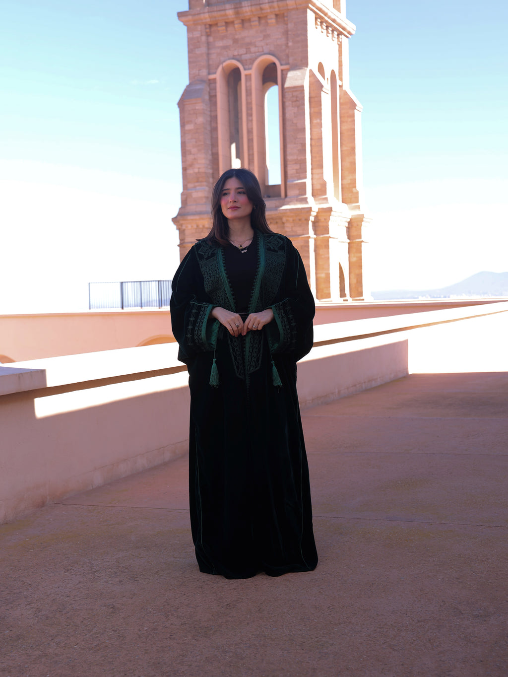 CAFTON VERT  ABAYA "VELVET " EN KATIFA HIND ET GRO-fil HRIR