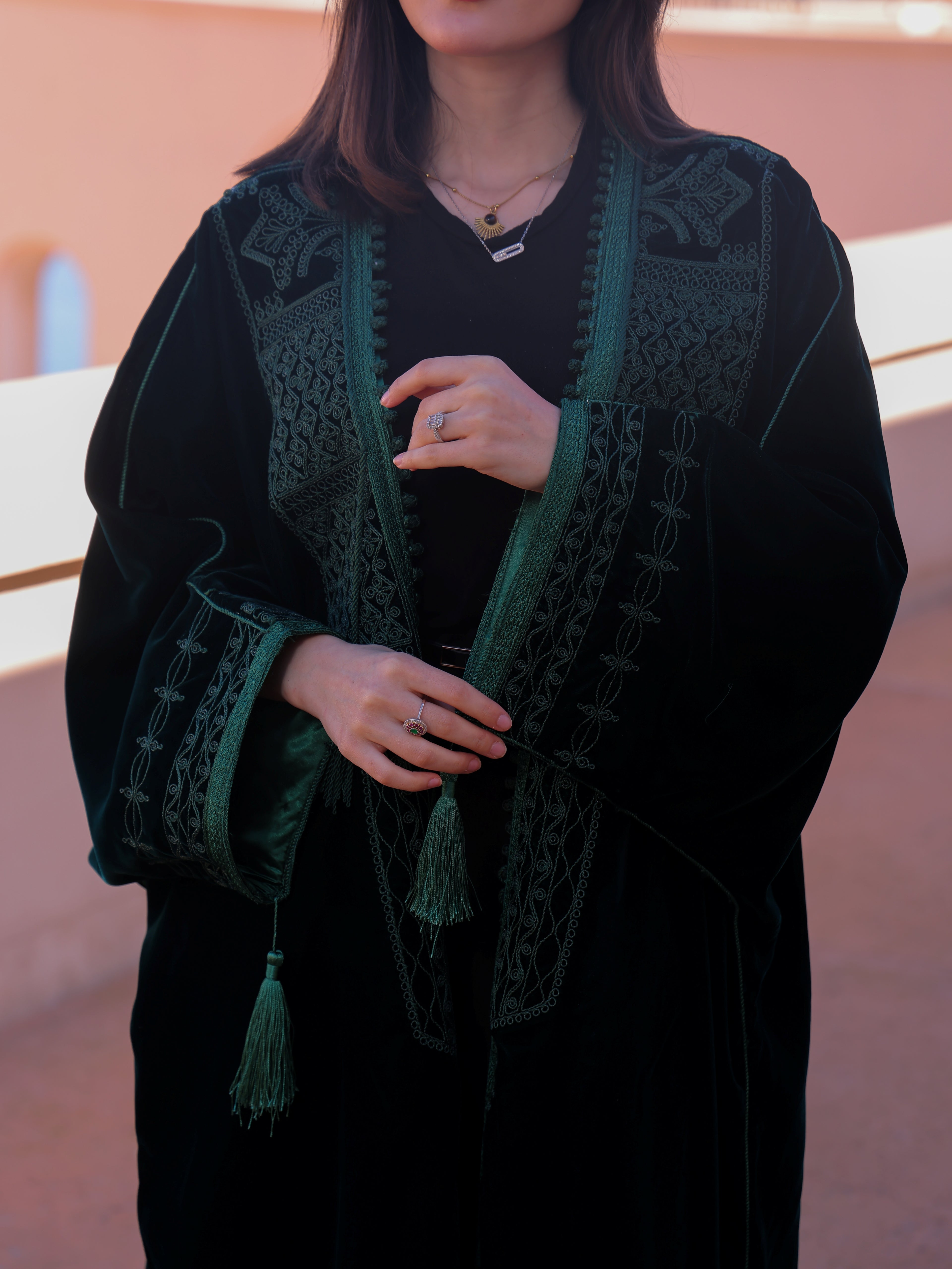 CAFTON VERT  ABAYA "VELVET " EN KATIFA HIND ET GRO-fil HRIR